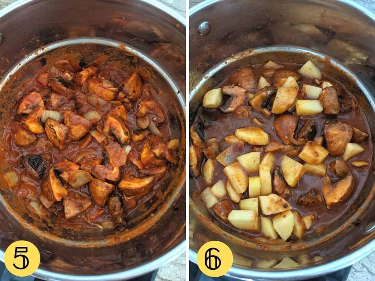 Two images showing top down views of a pan with vegetable rogan josh in it