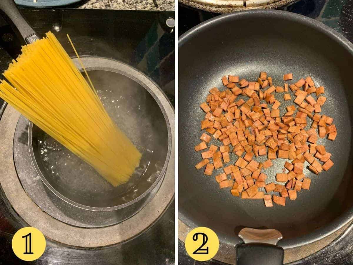 Pasta in a pan, fake bacon in a pan