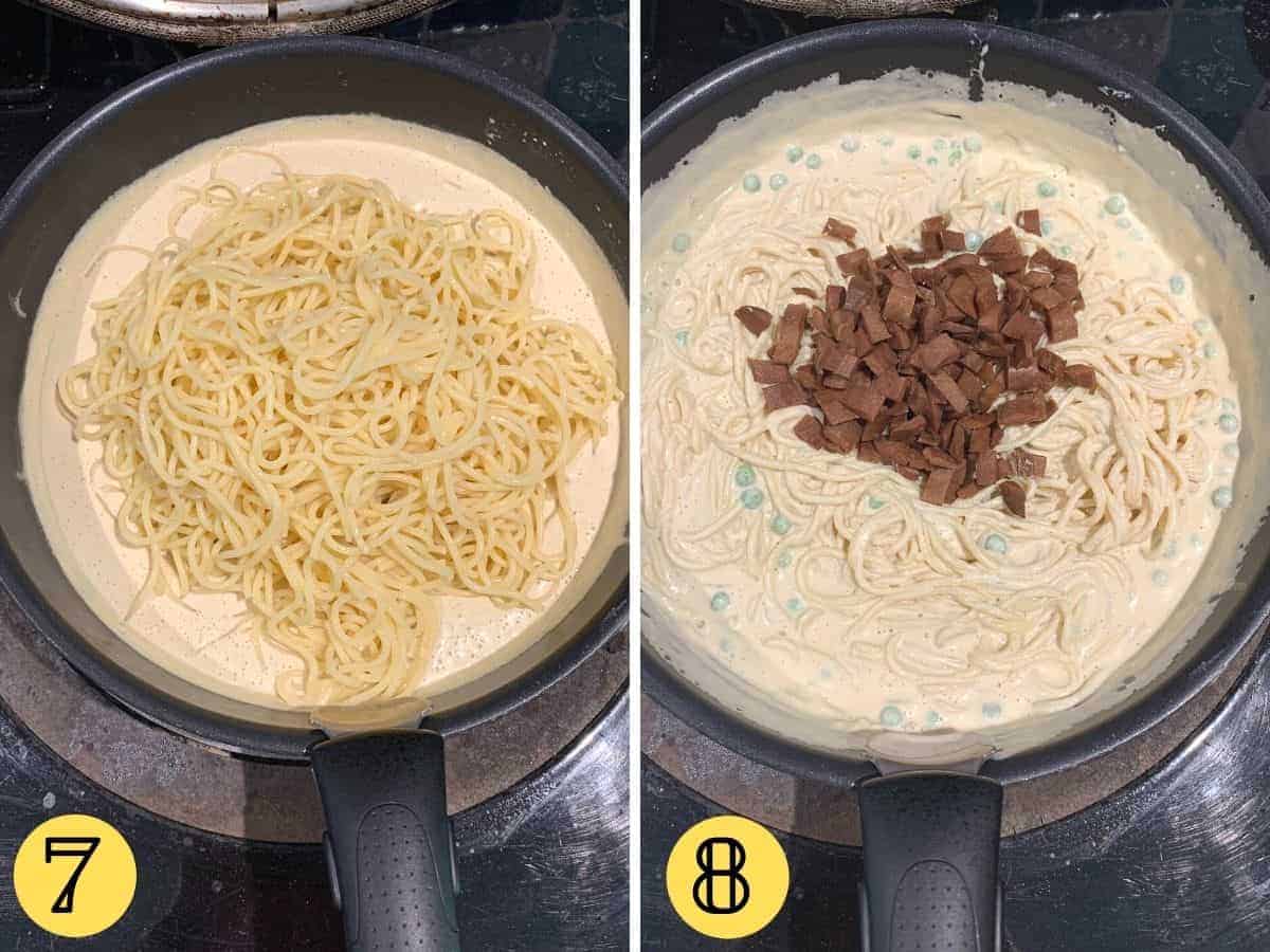 Spaghetti in a sauce in a pan, vegan bacon about to be stirred into the spaghetti in the second image