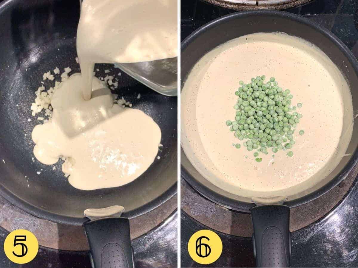 Vegan carbonara sauce being poured into a pan, the sauce with peas on top