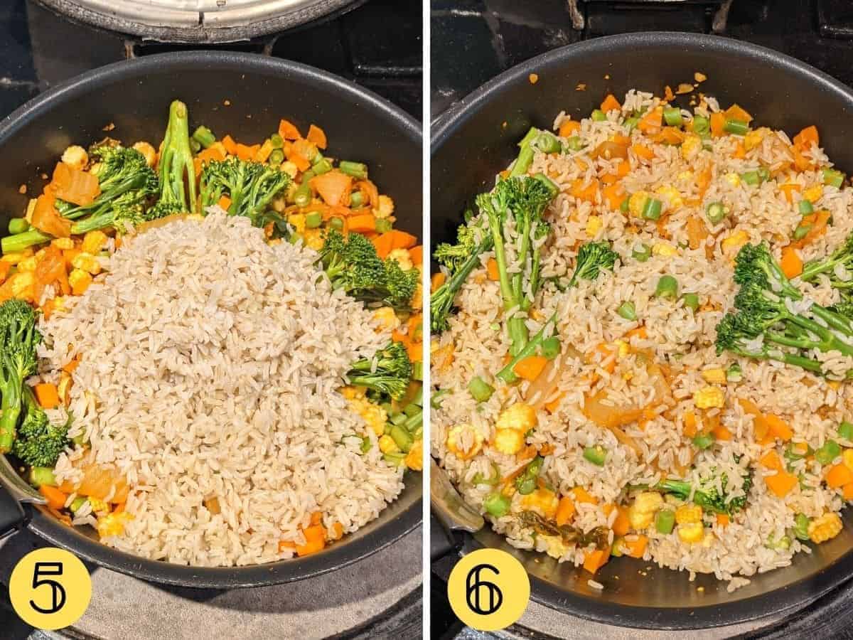 Rice in a wok with vegetables, then the rice and vegetables mixed up