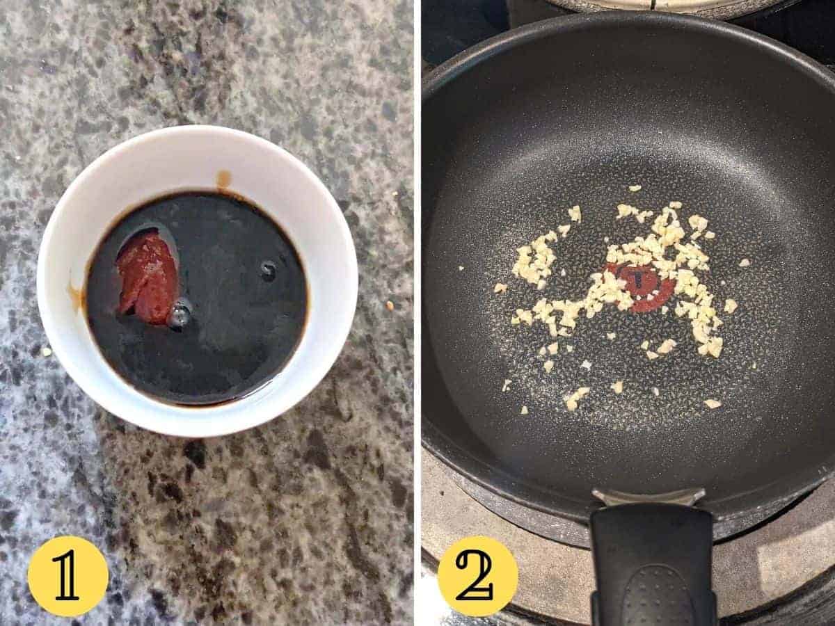 One image showing sauce ingredients in a bowl, another showing garlic in a wok