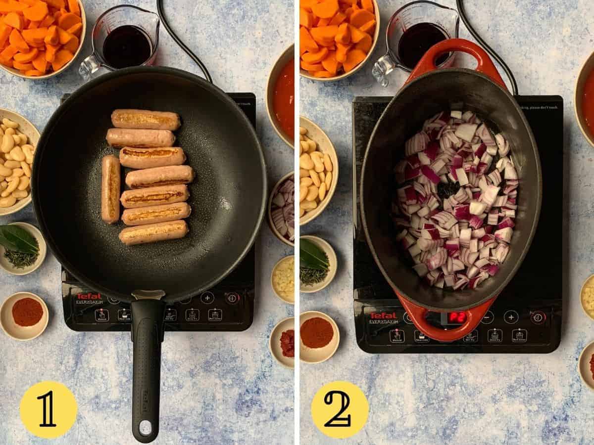 Vegan sausages in a pan and onions in a casserole dish