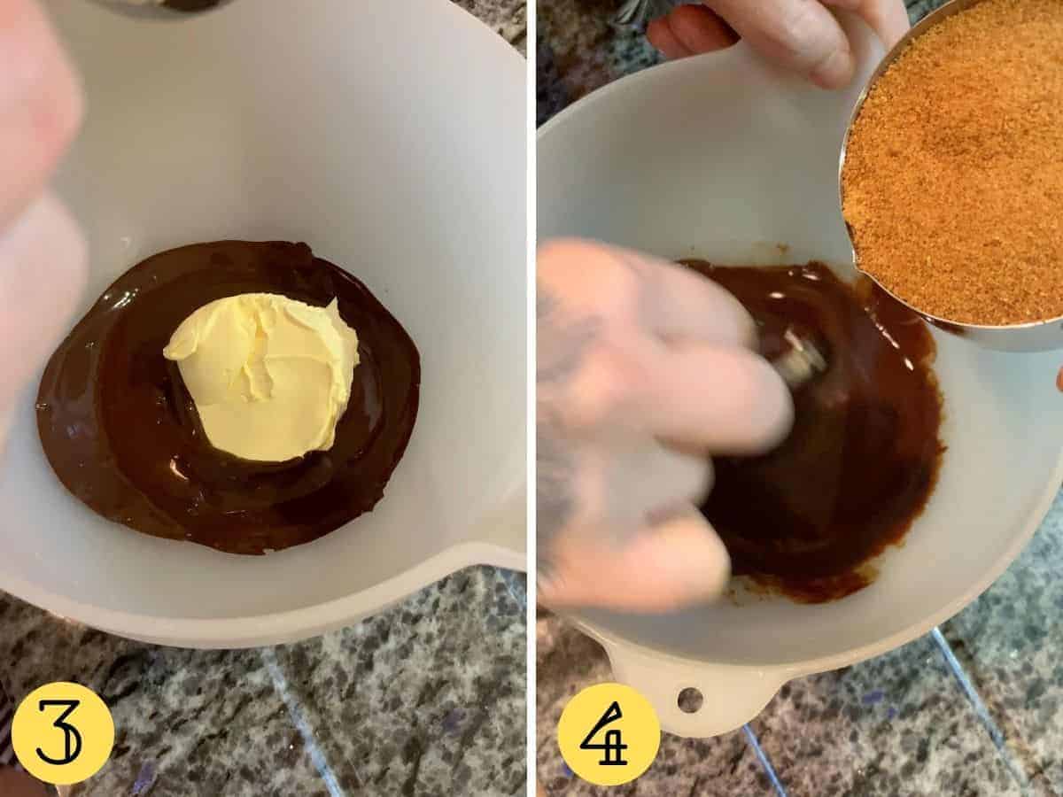 Melted vegan chocolate with butter and then sugar being poured into the mix
