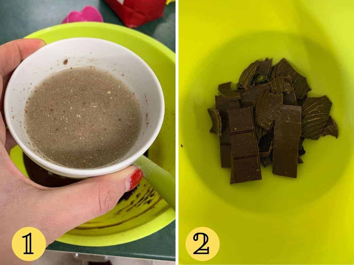 Flaxseed mixed with water and chocolate in a bowl