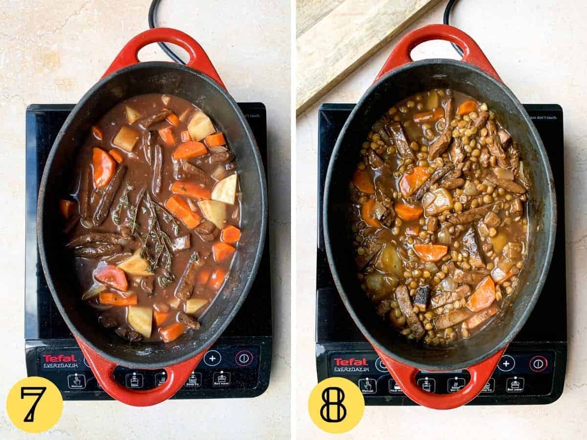 Casserole dish with vegan beef stew with lentils on an electric hob at two stages