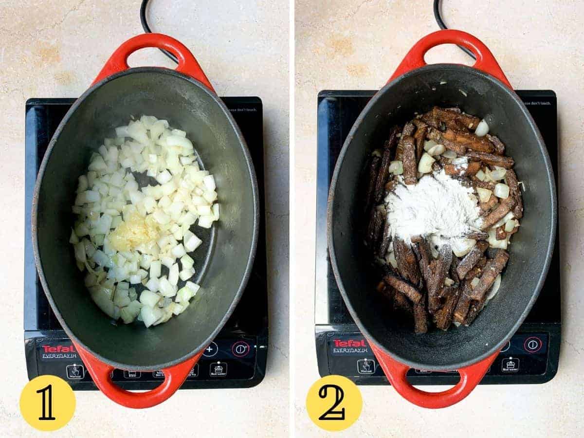 Onions in a casserole dish, and then flour and plant based strips on top in a second photo