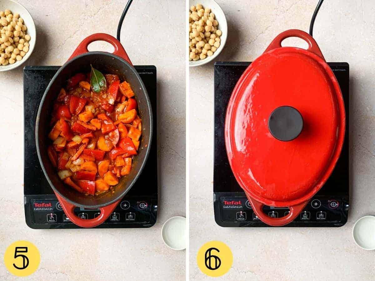Vegan goulash with red peppers and carrots in a casserole dish, and then the dish simmering with the lid on