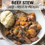 Pinterest image with a title at the top and close up image of vegan beef stew below