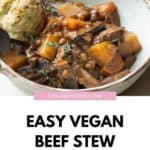 Pinterest image with a title in the bottom half and image of vegan beef stew on the top