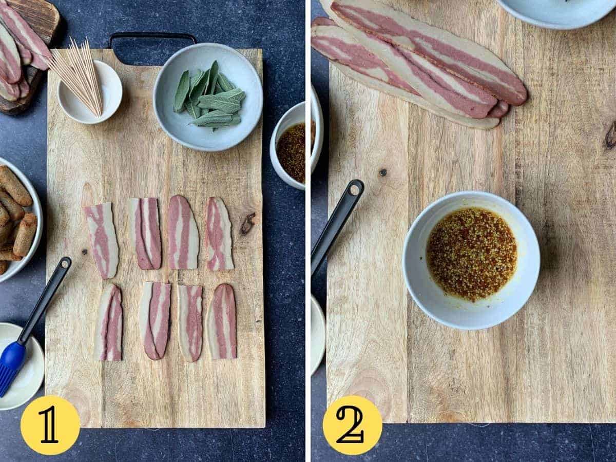Two images showing cut vegan bacon and a mustard maple glaze mixed in a bowl