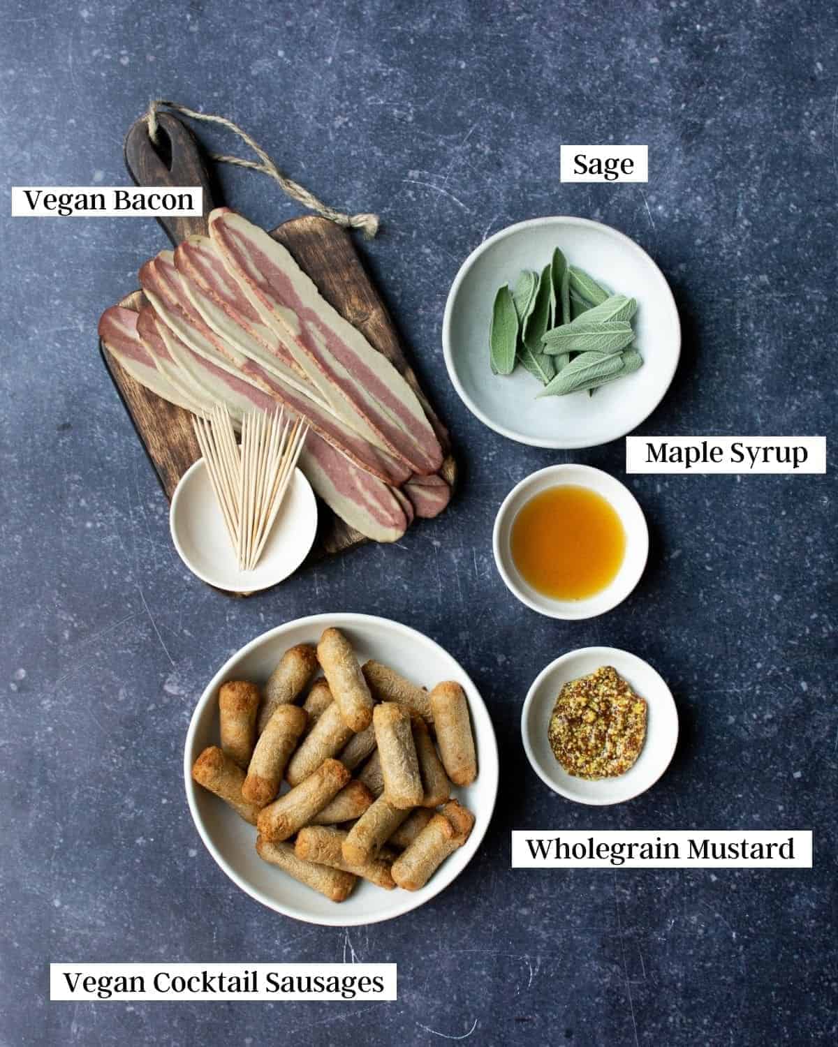 Labelled ingredients in bowls and on a board