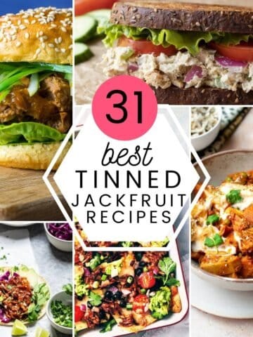 Collage with title '31 best tinned jackfruit recipes' with a collage of jackfruit dishes