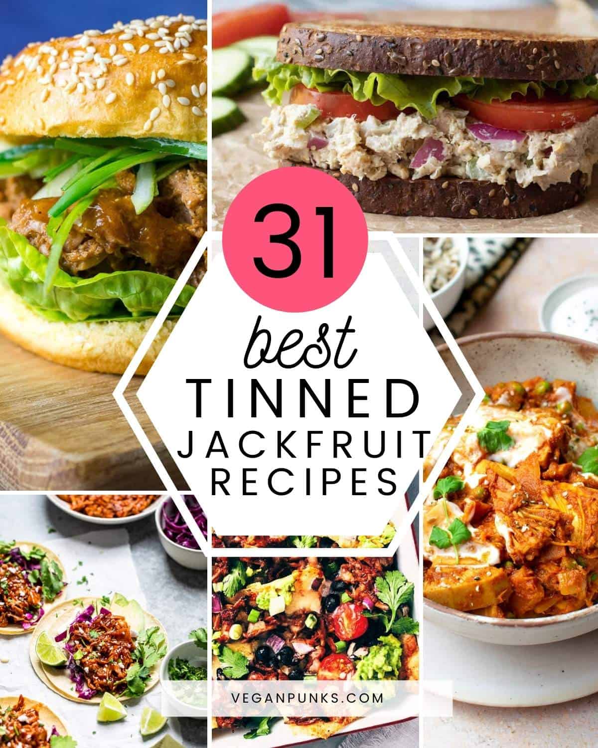Collage with title 'Best tinned jackfruit recipes' as well as images of jackfruit dishes.
