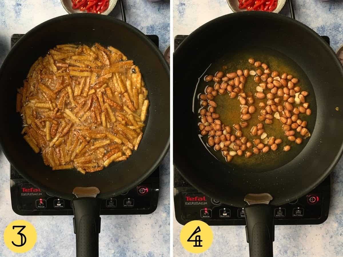 Frying tempeh in a pan, frying peanuts in a pan.