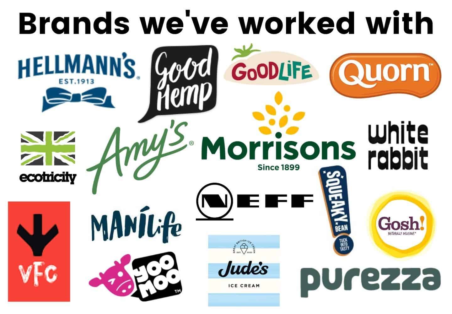 A collage of brand logos including Quorn, Morrisons, Good Hemp, Good Life and many more.