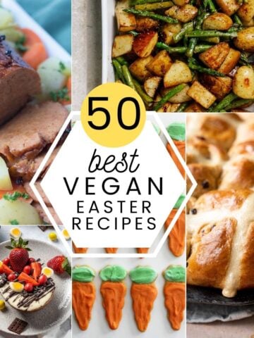 Collage of vegan Easter recipes like carrot biscuits, hot cross buns and roast potatoes.