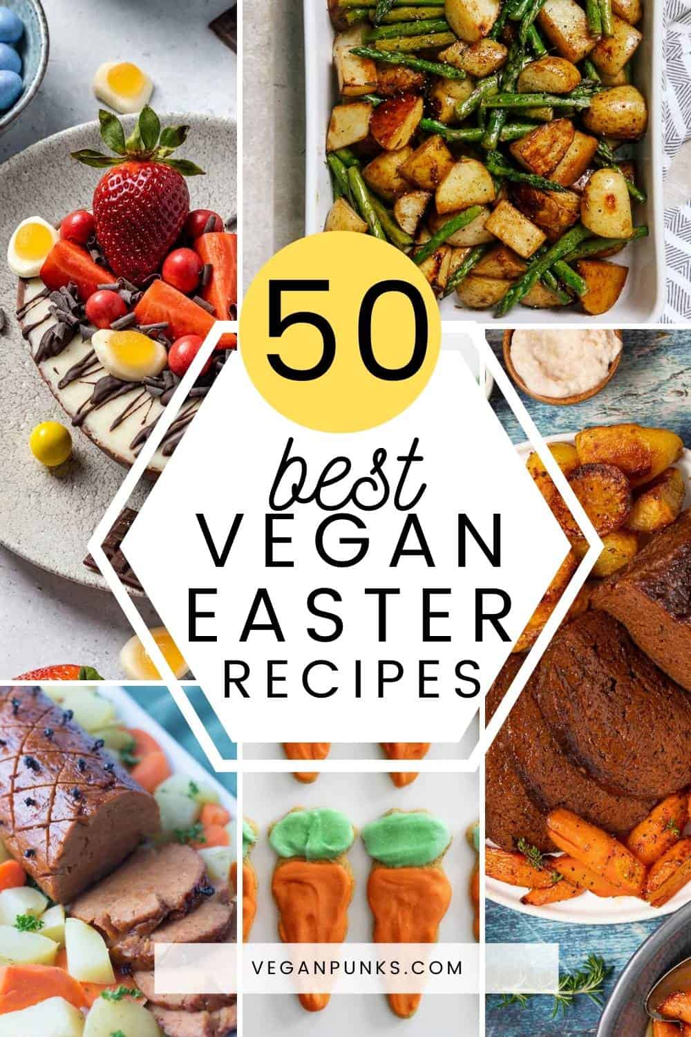 A collage of vegan Easter recipes with a Pinterest title in the middle.