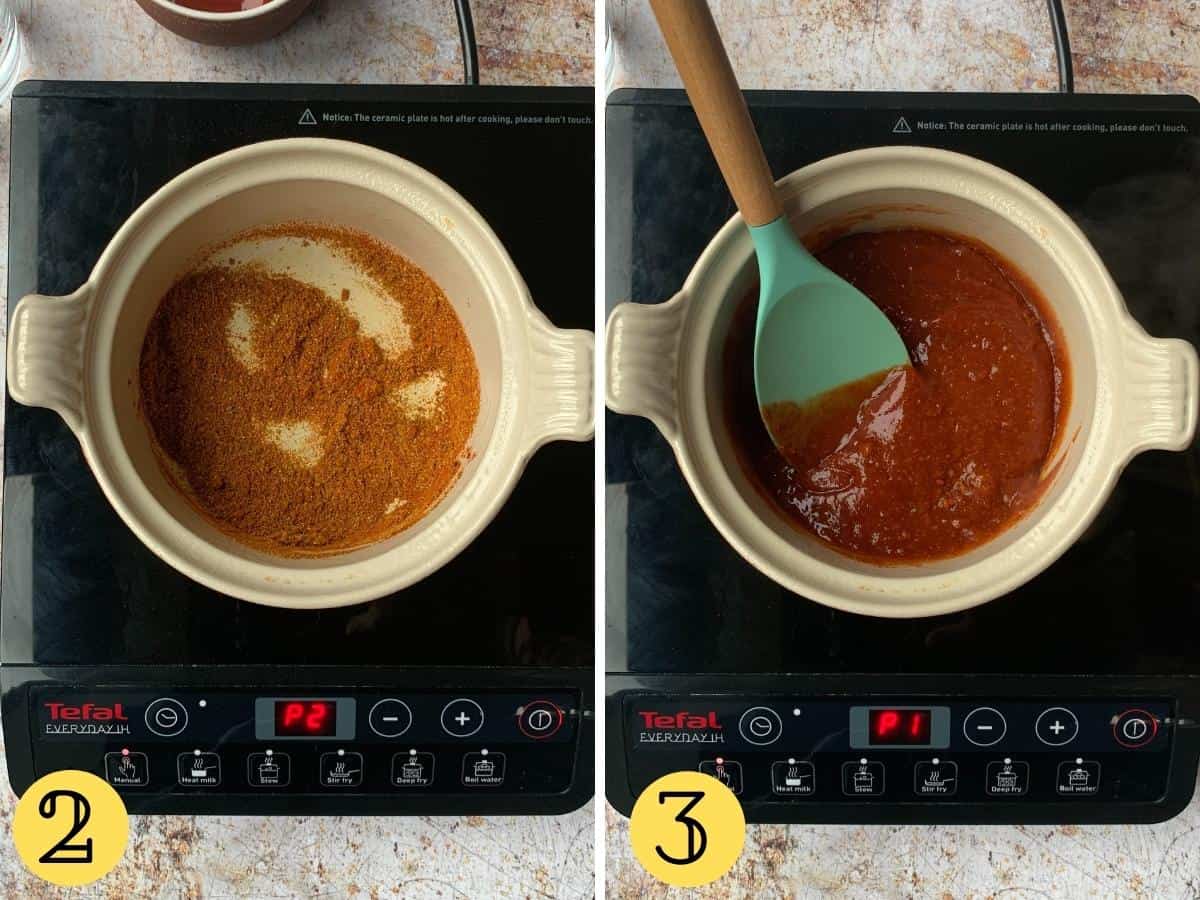 Curry ketchup cooking in a small pan with a spoon in it.