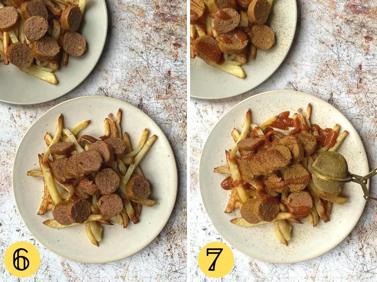 Vegan currywurst plated on fries, second photo shows ketchup and being dusted with curry powder.