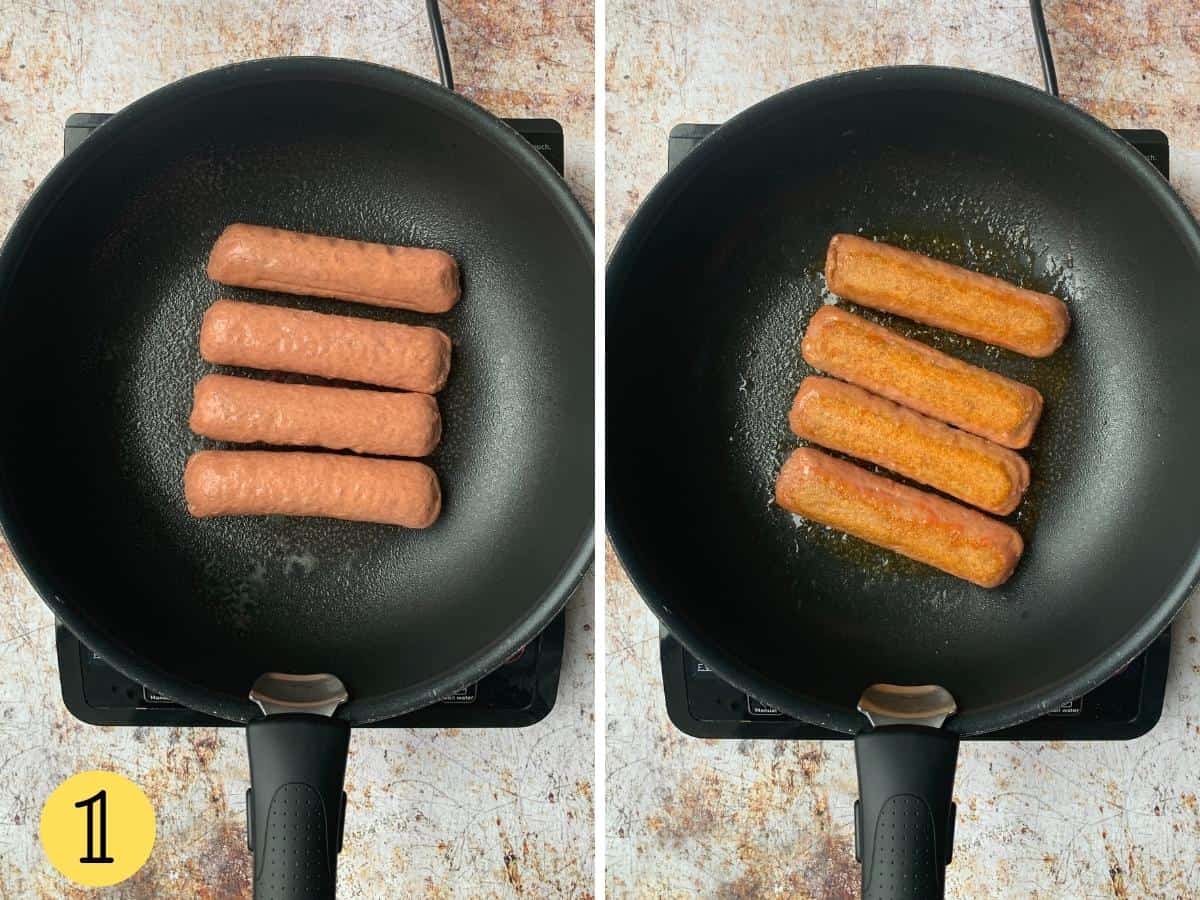 Vegan sausages cooking in a pan, shown uncooked and then cooked.