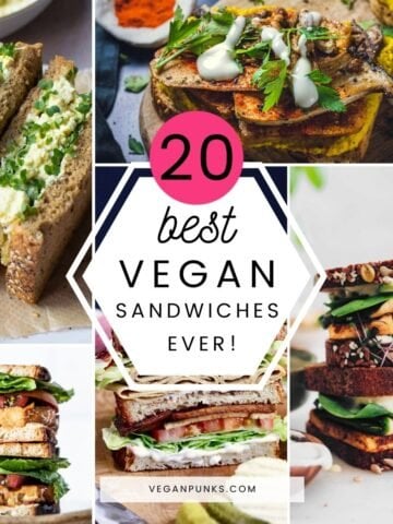 Collage of vegan sandwiches with text in the middle.