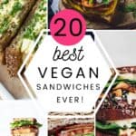 Collage of vegan sanwiches on a Pinterest image with a title in the centre.