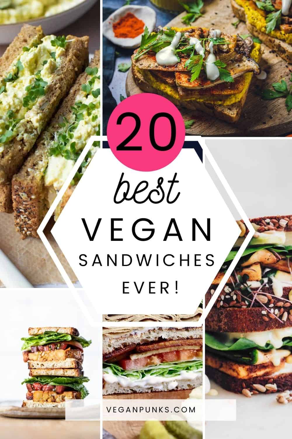 Collage of vegan sandwiches with a Pinterest title in the middle.