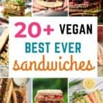A grid of vegan sandwiches with a Pinterest title in the middle.