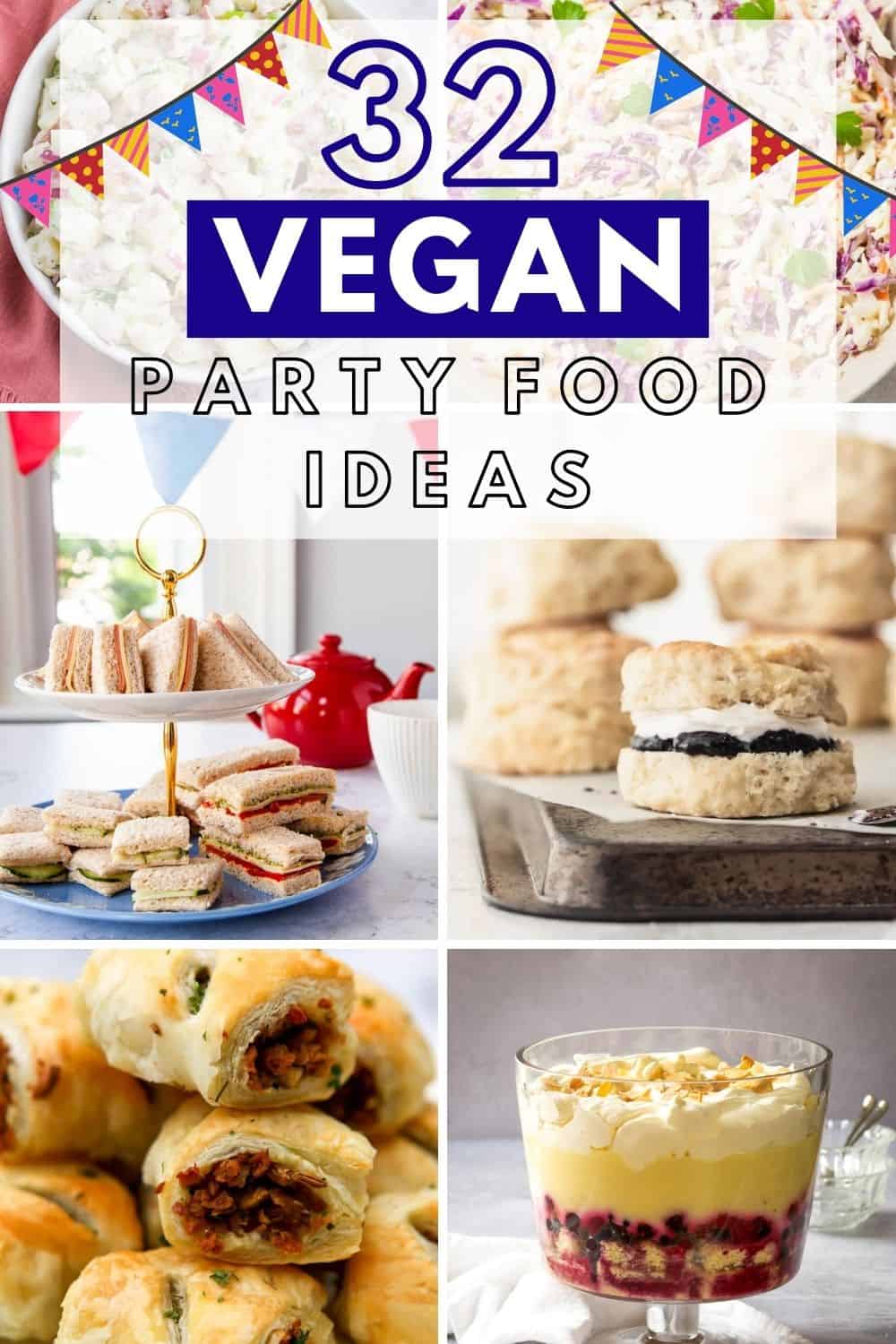 Collage of vegan party food ideas with bunting and a title.