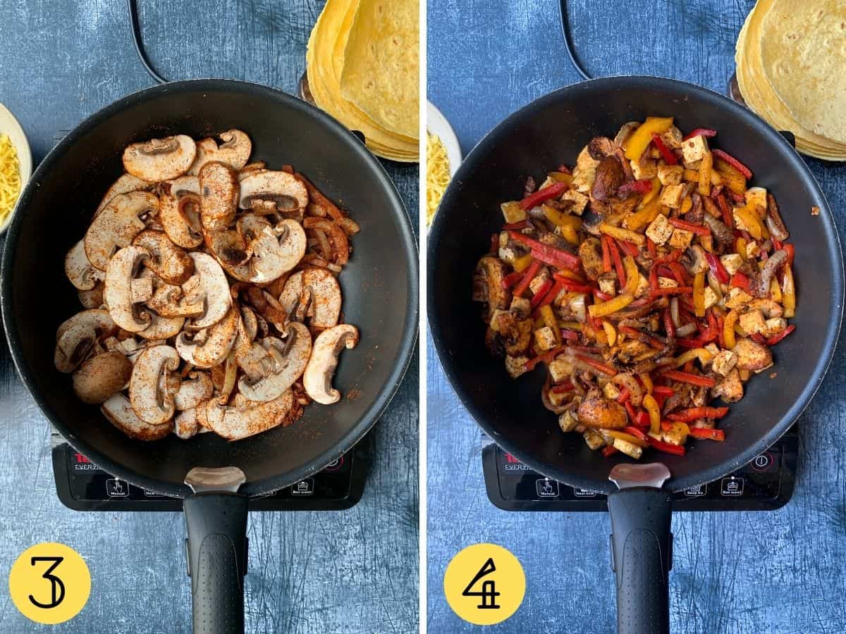 Frying mushrooms, peppers and tofu in a pan.
