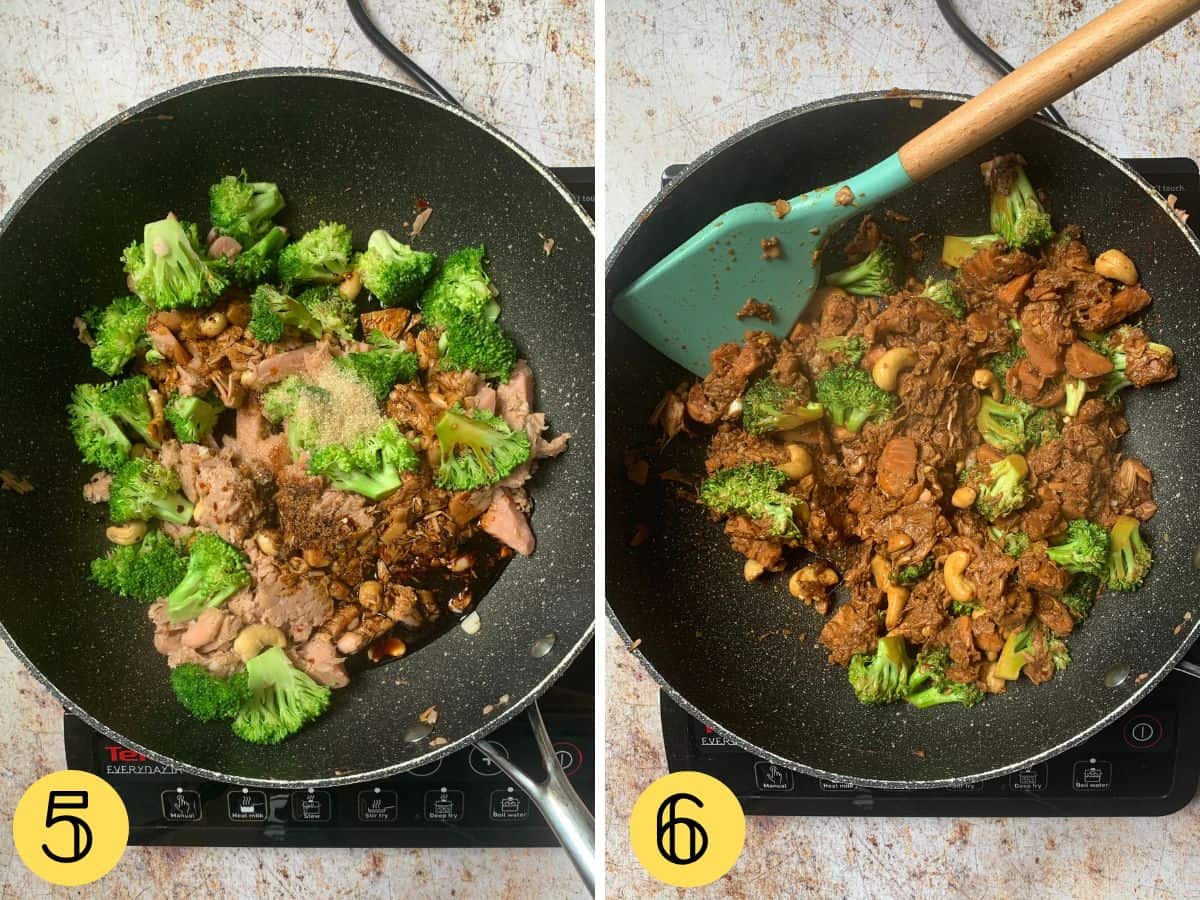 Vegan beef and broccoli in a wok cooking, and then finished,