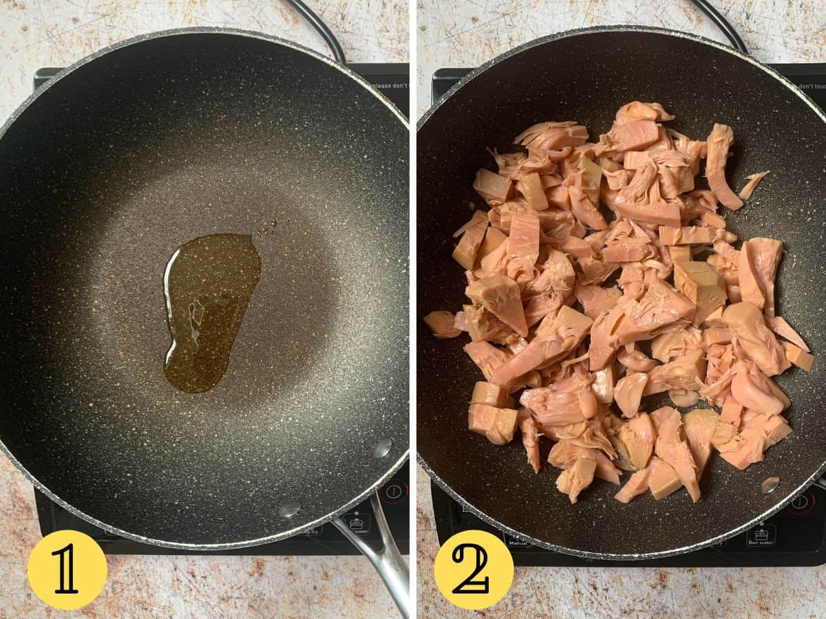 Oil and jackfruit in a wok.
