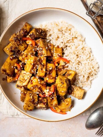 Sticky tofu with brown rice and fresh chilli in a bowl.
