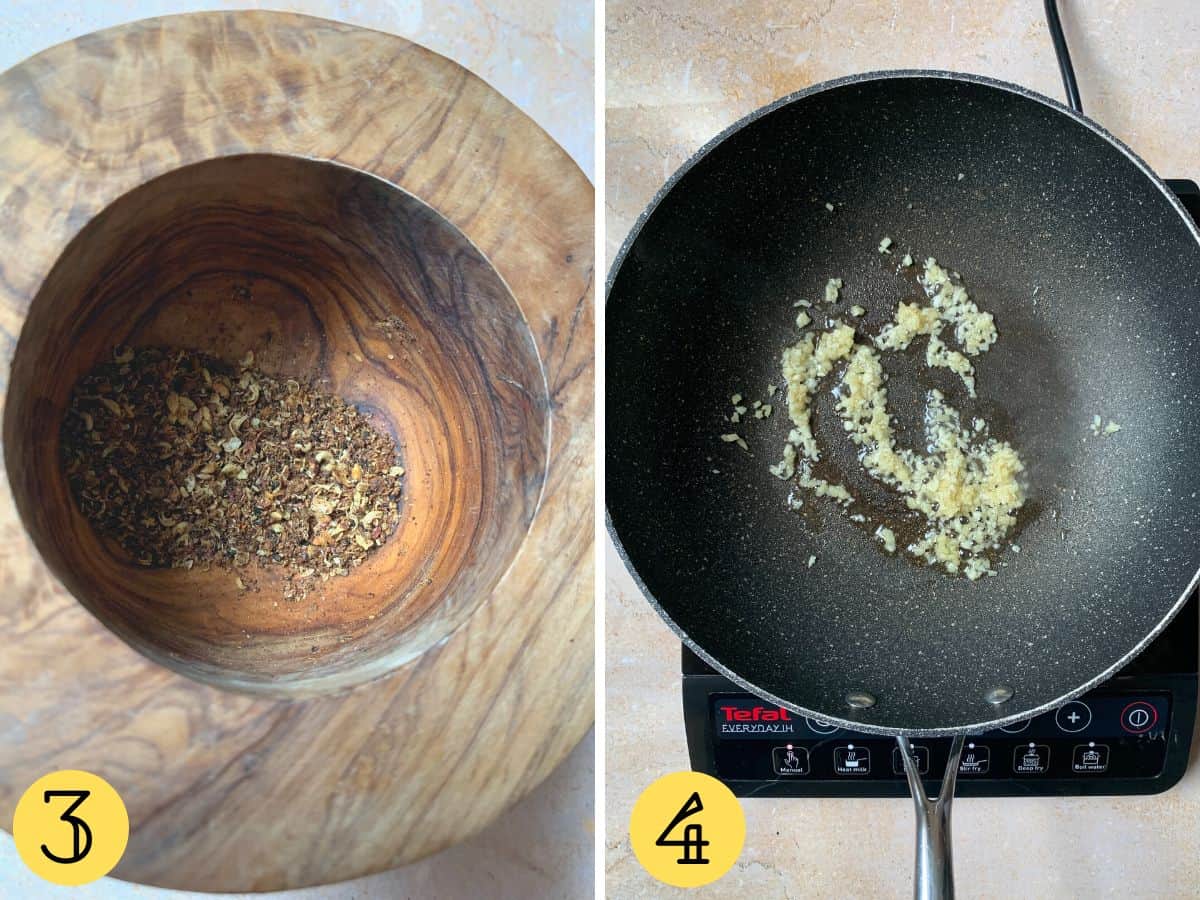Ground Szechuan peppercorn in a mortar and garlic and oil in a wok.