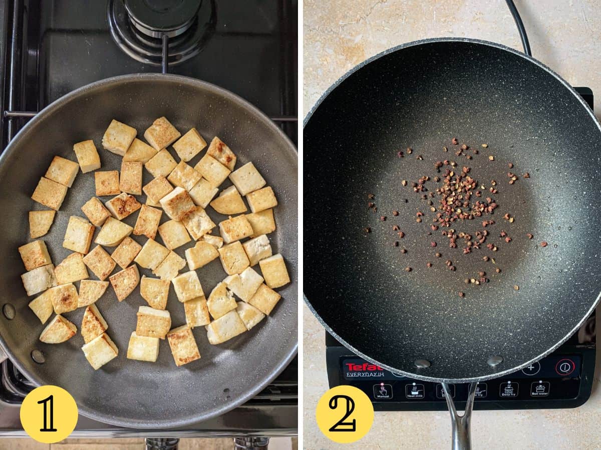 Tofu pieces in a frying pan and Szechuan peppercorns in another pan.