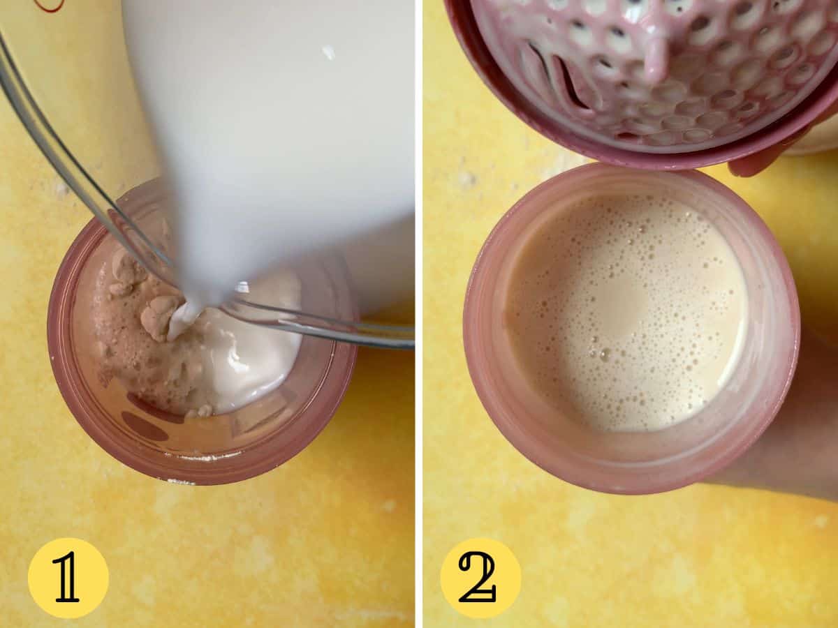 Almond milk pouring into a protein shaker cup, and the shake mixed up.