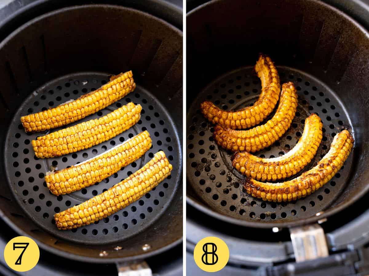 Corn ribs in an air fryer, before and after cooking.