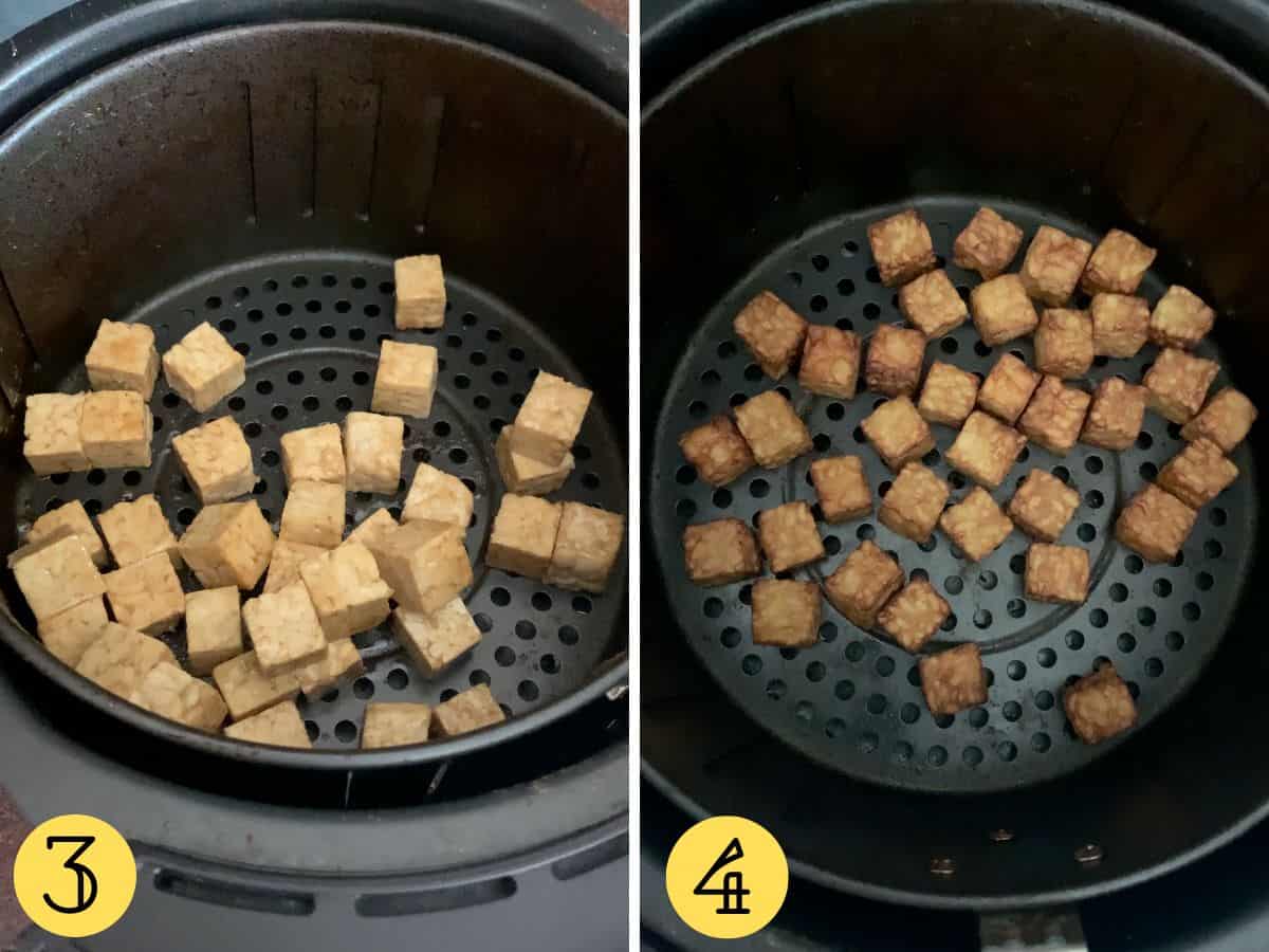 Chunks of tempeh in an air fryer basket, before and after cooking.