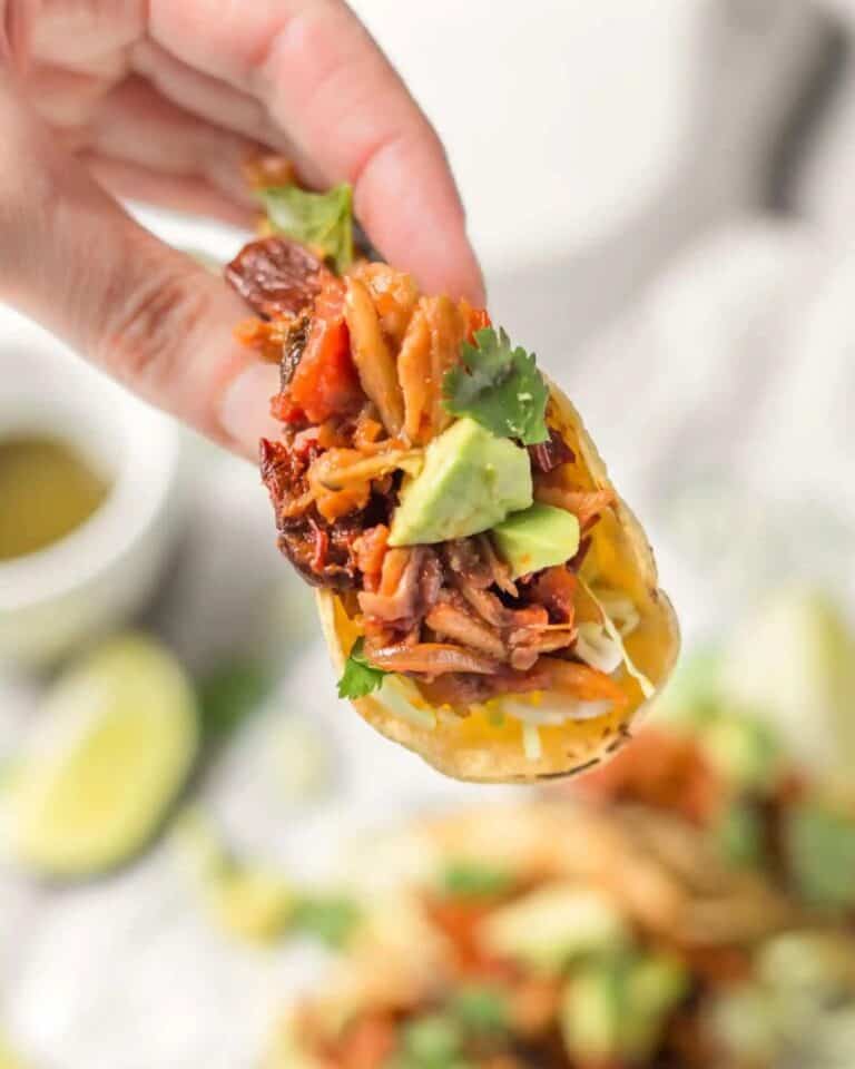 A taco being held up in the picture.