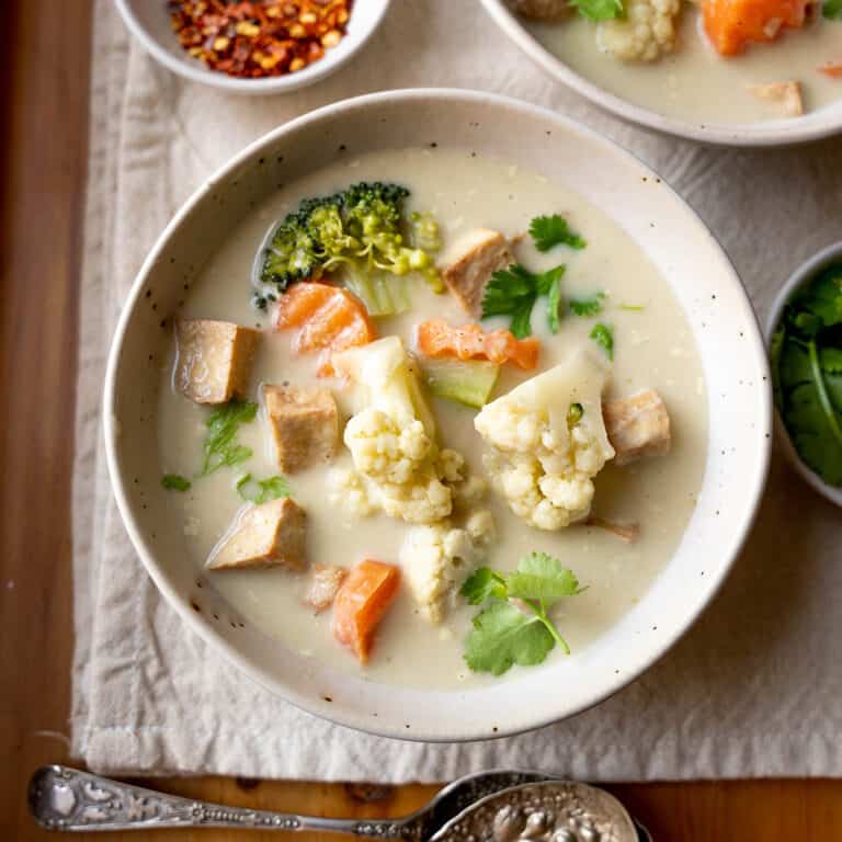 Cauliflower, broccoli and carrots in a Thai green curry with tofu.