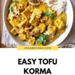 Pinterest title in bottom half, vegan korma with roti at the top.