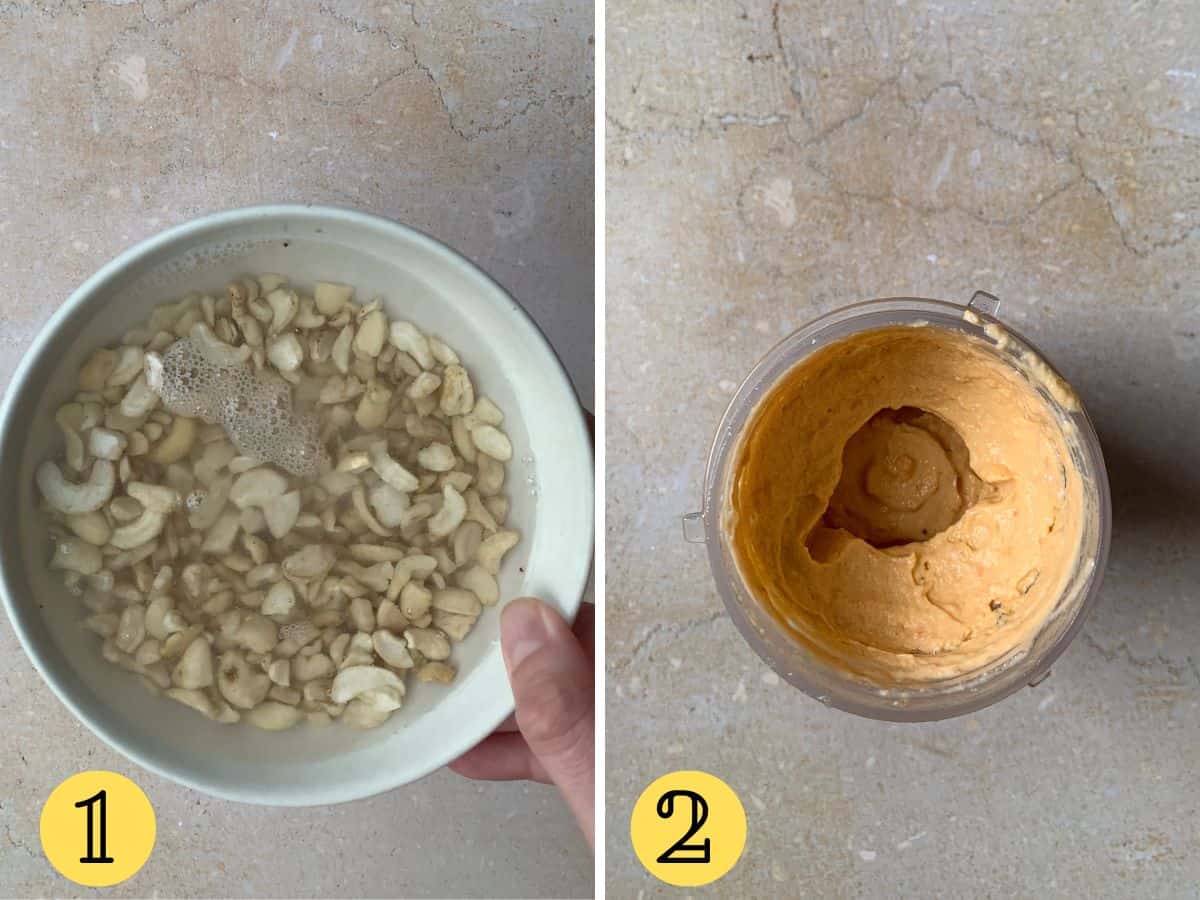 Two side-by-side images of cashews soaking in hot water and then a blended mix of cashes, tomatoes, garlic and ginger