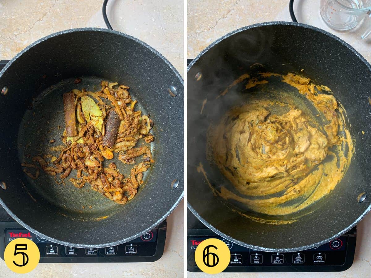 Two side-by-side images where the first is the dry spices being fried and the second shows the addition of the cream