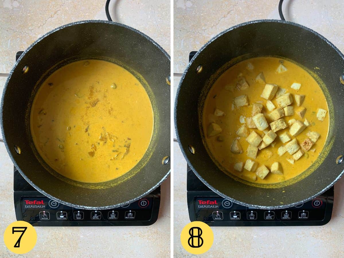 Two side-by-side images of the korma sauce being cooked and then the tofu being added
