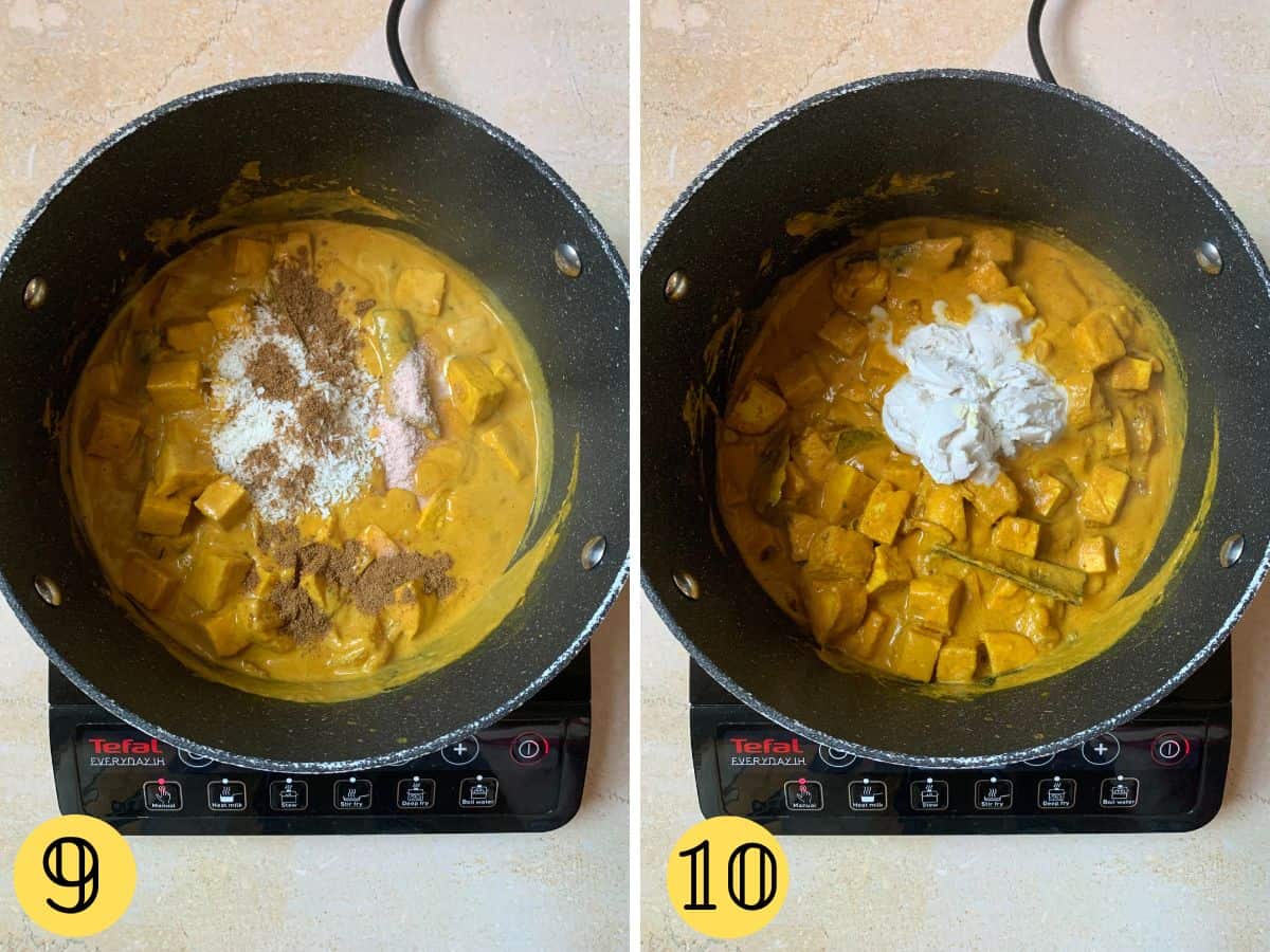 Two side-by-side images, the first shows the seasonings being added to the curry, with the second showing coconut cream being added