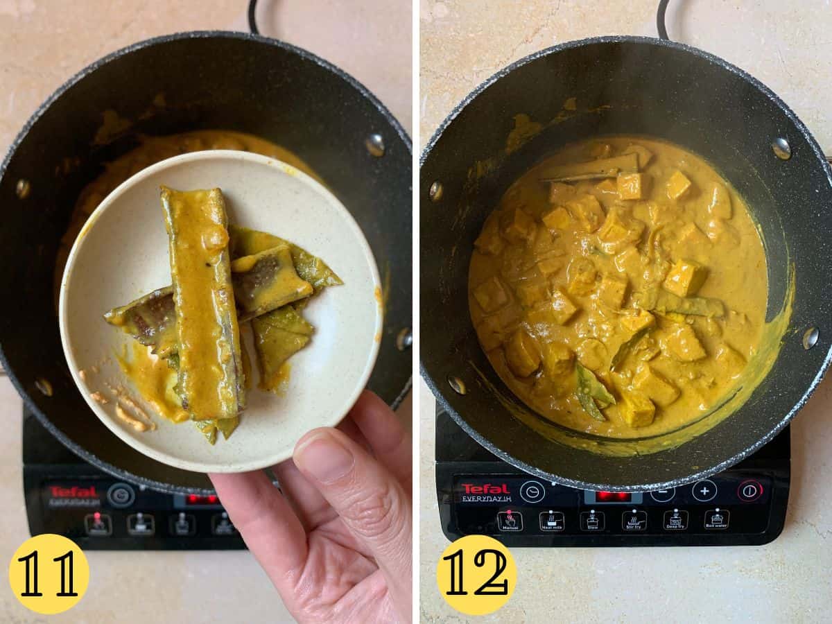 Two side-by-side images, the first showing the cinnamon bark being removed from the curry and the second showing the finished tofu korma