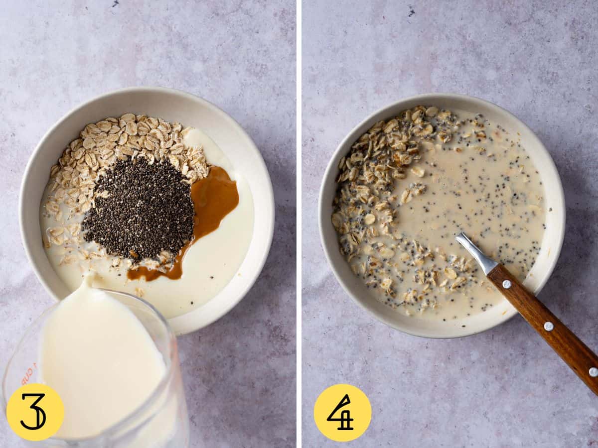 Almond milk being poured into a bowl of overnight oats and a second photo with it all mixed.
