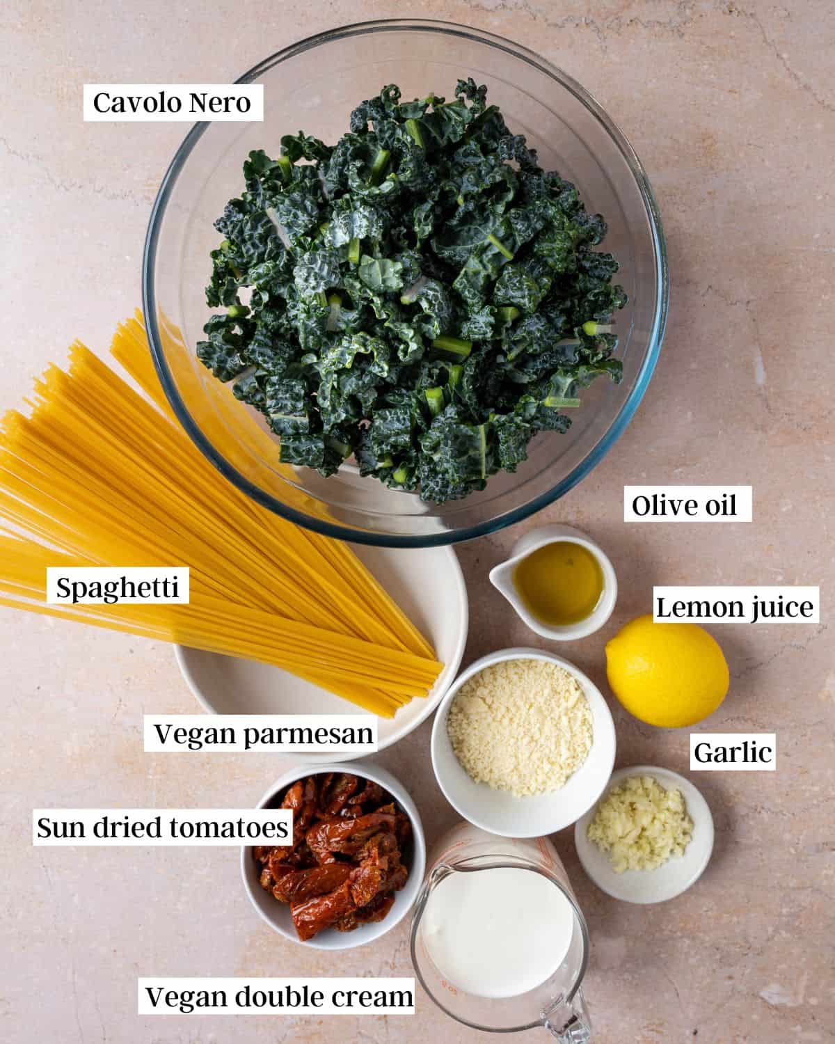 Ingredients for cavolo nero pasta in bowls.