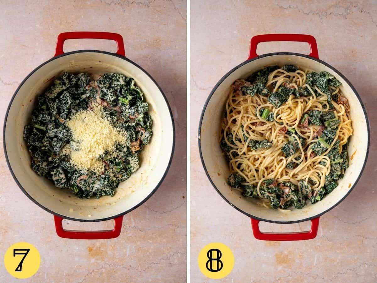 Vegan parmesan on top of cavolo nero, second photos with spaghetti stirred through.